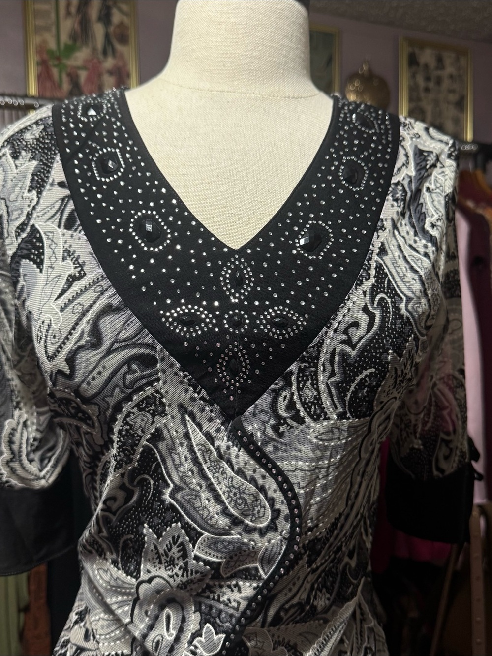 Embellished Black & White Paisley V-Neck Tunic